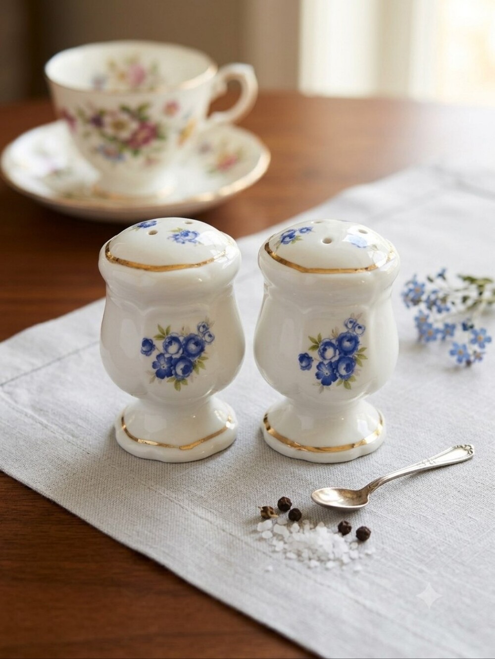Vintage Blue Floral Ceramic Salt & Pepper Shakers | Gold Trim Cottagecore